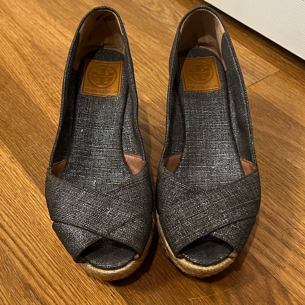 Tory Burch Peep-Toe Fillipa Metallic Linen Wedge Espadrilles